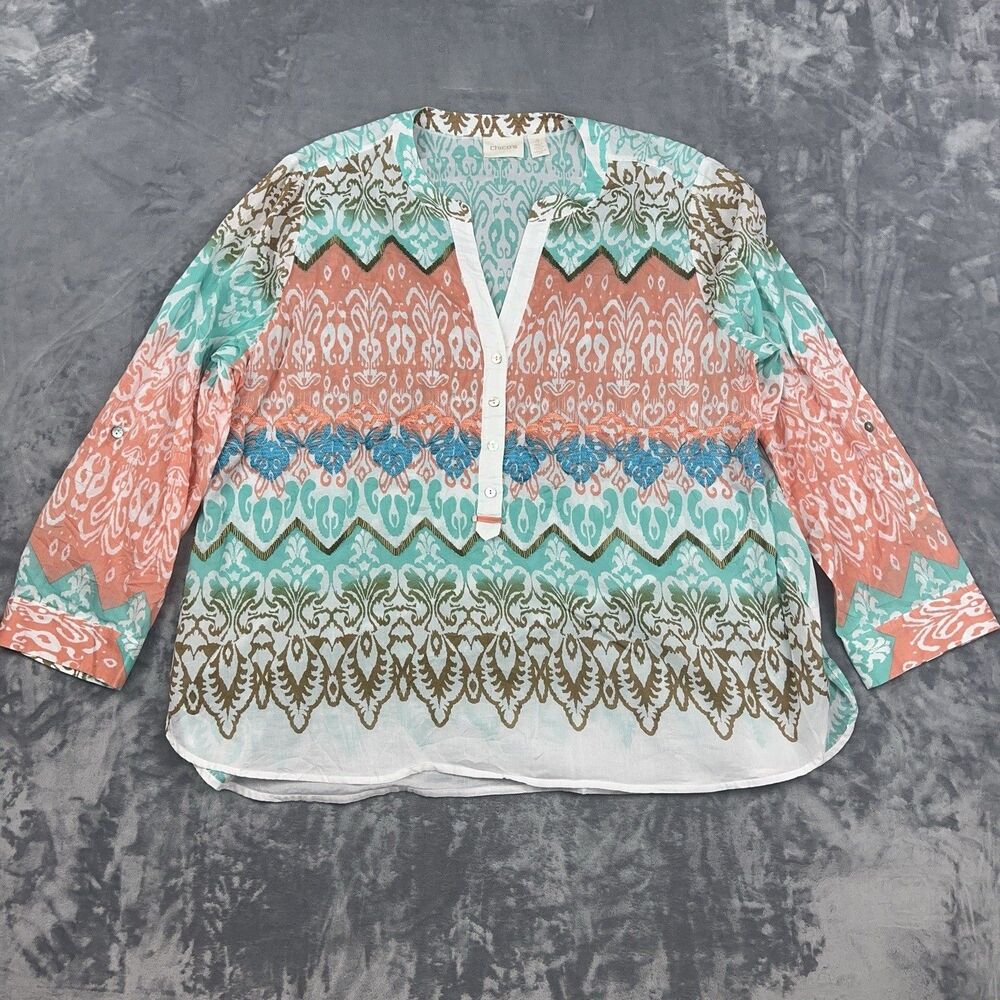Chico’s Batik Beauty Norah Tunic Top Women’s Sz 4  XXL Beaded Embroidered Tribal